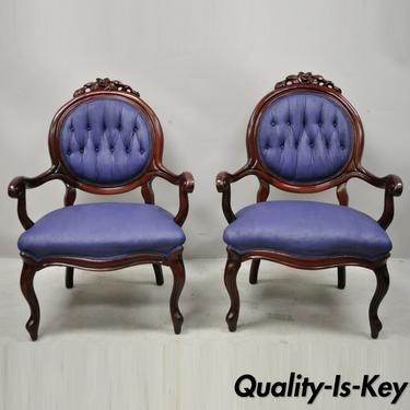 Antique Victorian Rose Carved Mahogany Frame Fireside Parlor Arm Chairs - a Pair