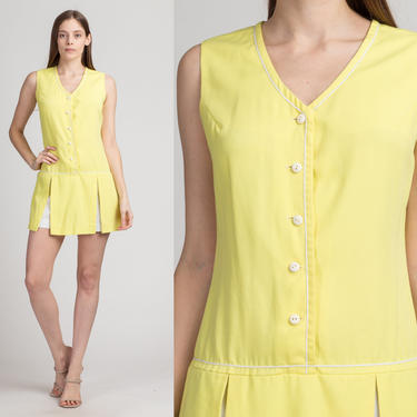60s Yellow Skort Mini Dress - Small | Vintage Byer Drop Waist Pleated Scooter Dress 