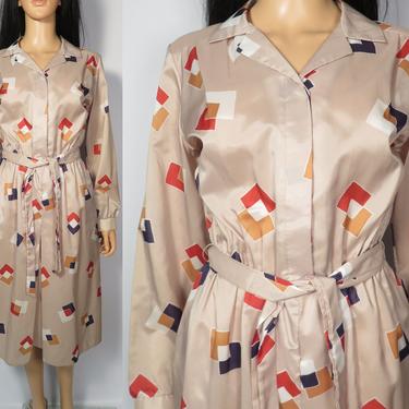 Vintage 70s/80s Geometric Print Lightweight Polyester Shirt Dress Secretary Dress Size M/L 