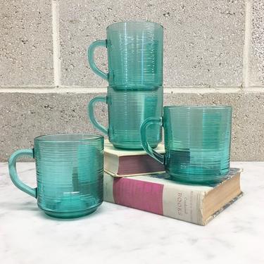 Vintage Mug Set Retro 1980s Arcoroc France + Contemporary + Set of 4 + Glass + Clear + Mint Green + Drinkware + Home and Kitchen Decor 