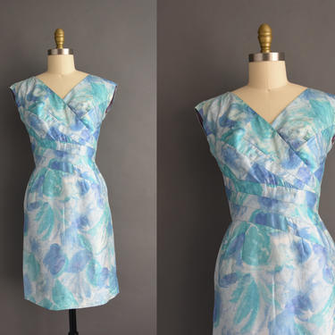 1950s vintage dress | Gorgeous Blue Abstract Silk Print Cocktail Party Wiggle Dress | Small | 50s dress 