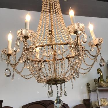 Antique French 6 Arm Chandelier with Macaroni crystal beading