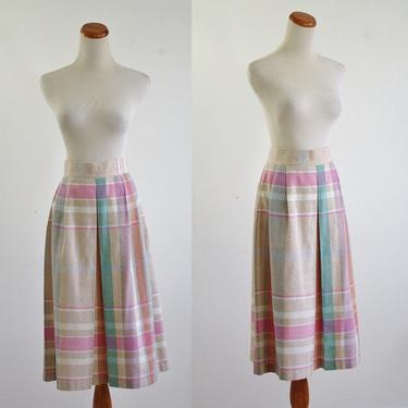 Vintage Pleated Skirt, Pastel Plaid 80s Skirt, 1980s  Skirt, Knee Length Skirt,  Striped Skirt, Large XL 