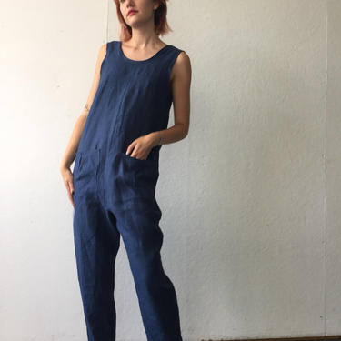 Lavai Maria Jumpsuit- Indigo Linen- 2 Front Pockets- SZ SM- available for custom orders 