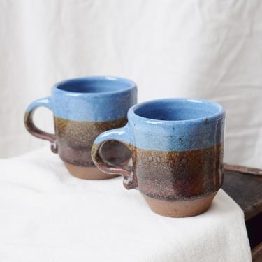 Pair of Vintage Hand Cast Stoneware Mugs | Set of Two Glazed Ceramic Cups 
