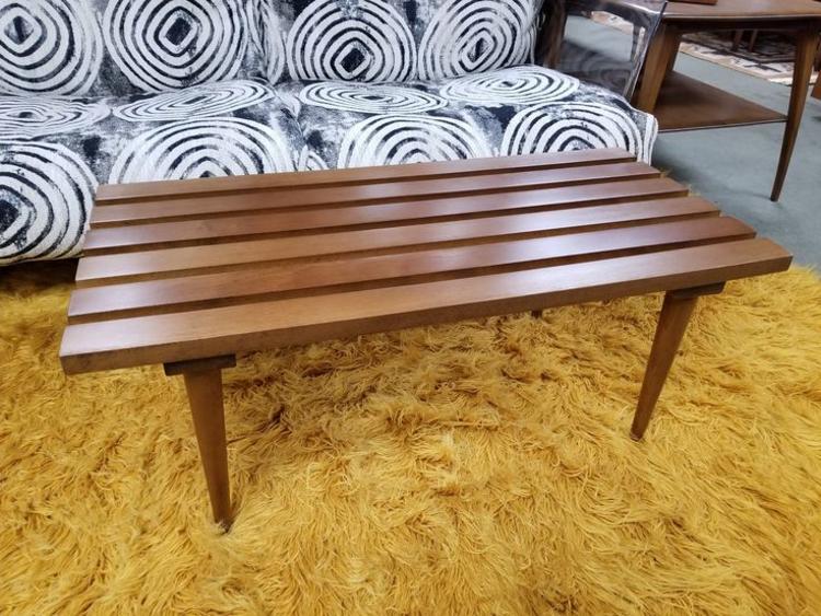                   Mid-Century Modern walnut slat bench / coffee table