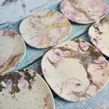Vintage Handmade Capri Plates, Made in Miami - Set of 6 Plates - Pink and Purple Marble Design - Contemporary Design 