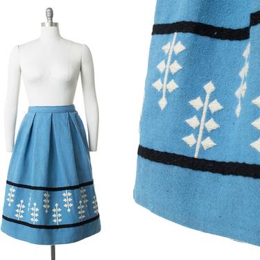 Vintage 1950s Skirt | 50s Greek Embroidered Blue Wool Border Print Pleated Skirt (small) 