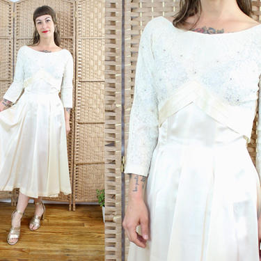 Vintage 50's Satin Bridal Dress / 1950's Wedding Dress / Rhinestones / Silk / Women's Size Small by Ru