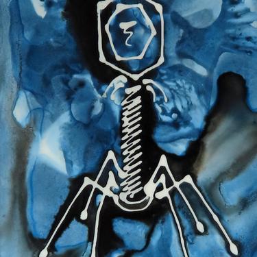 Indigo and Black Bacteriophage: Original Ink painting on Yupo (poly paper) Science Art 