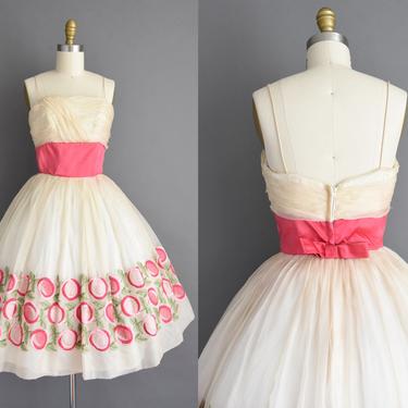 vintage 1950s dress - Size Small - Gorgeous champagne ivory chiffon floral bridesmaid cocktail party cupcake dress - 50s dress 