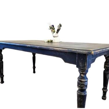 Early Rustic American County Farmhouse Distressed Painted Blue Dining Table - Kitchen Harvest Farm Table 