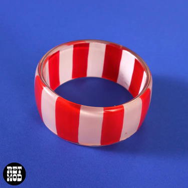 Bold Vintage Red &amp; White Stripe Chunky Thick Plastic Bangle Bracelet 