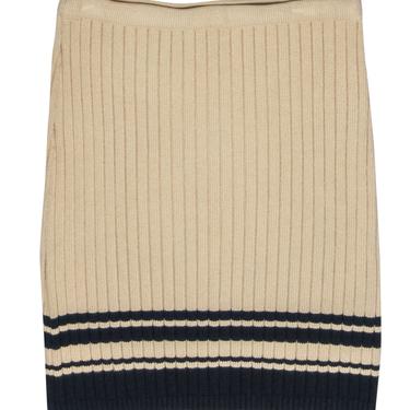 Tory Burch - Beige & Navy Ribbed Knit Sweater Skirt w/ Striped Trim Sz S