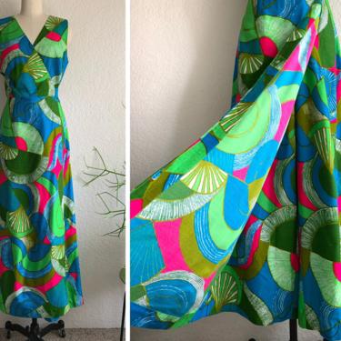 Vintage 1960s Alex Coleman Neon Abstract / Tiki / Hawaiian / Palazzo / Jumpsuit Jumper Pantsuit | Size Medium 