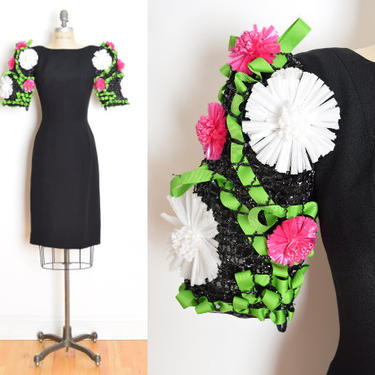 vintage 80s dress VICTOR COSTA black raffia flowers cocktail party dress S clothing 