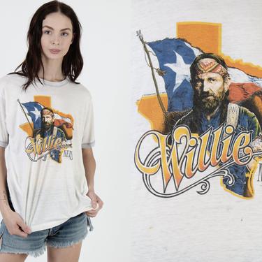 Willie Nelson T Shirt / 1984 July 4th Picnic / Outlaw Country Texas Rebel Tee / White Paper THIN Western Shirt 