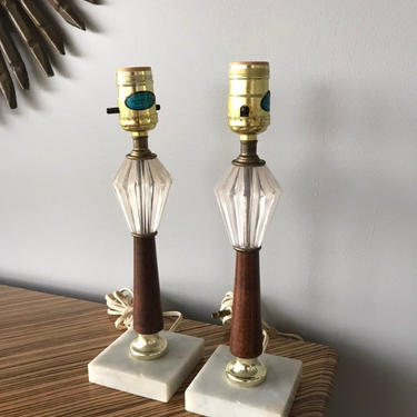 Pair of Mid Century quartz and wood small table lamps 