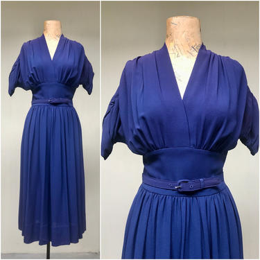 Vintage 1940s Blue Rayon Crepe Nelly Don Dress with Ruched Sleeves, Swing Dance Dress, Medium 