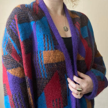 80s Geometric Cocoon Coatigan Sweater Duster Cardigan Wool Blend Jewel Tone One Size 