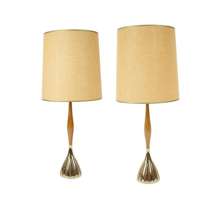 Pair of Slim Teak with Brass Table Lamps