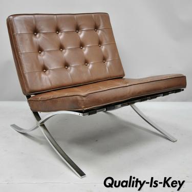 Vintage Barcelona Style Chrome Steel Frame Brown Leather Lounge Chair