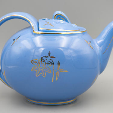 Hall China Cadet Blue Hook Teapot | Vintage Gold Decorated Ceramic Teapot | 6 Cup Service 