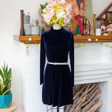 Vintage 1990s Velour Turtleneck Dress - Dark Blue Long Sleeve Stretchy Mini Dress - S/M 