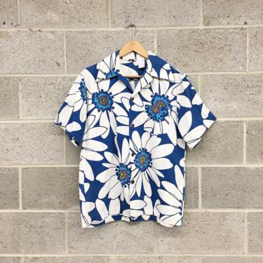 Vintage Shirt Retro 1960s Hawaiian Print + Blue and White + Short Sleeve + Button-down + Hibiscus Flowers + Unisex Apparel 