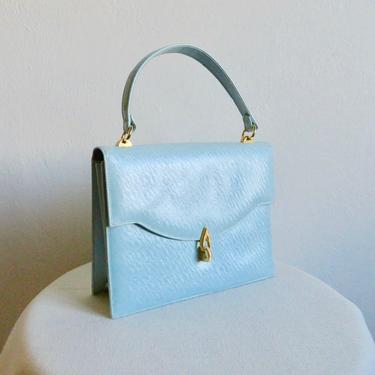 Vintage 1960's Mod Light Pastel Blue Leather Small Structured Purse Gold Clasp Hardware Top HandleSpring Summer Andrew Geller Handbags 