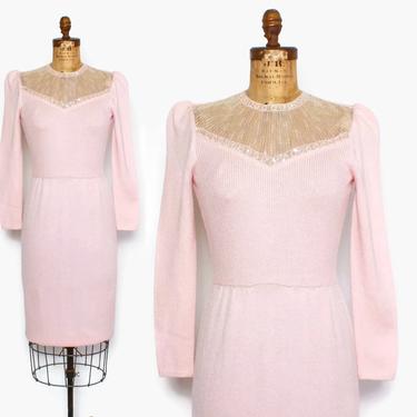 Vintage 70s ST JOHN Knit Dress / 1970s Sequin Beaded Trim Santana Knit Pink Sweater Dress 