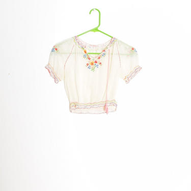 vintage 70s girls top embroidered sheer white hippie boho peasant blouse shirt clothing 12 