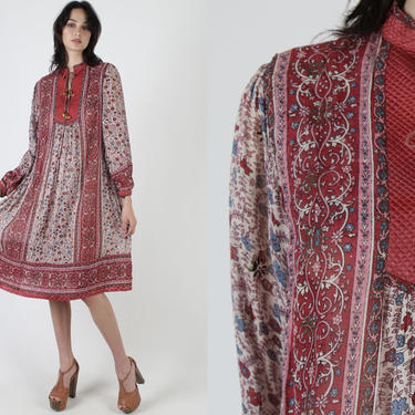 Thin Block Print Indian Dress / Sheer Maroon Indian Gauze Dress / Neck Tassel String Ties / Vintage 70s Festival Floral Mini Midi Dress 