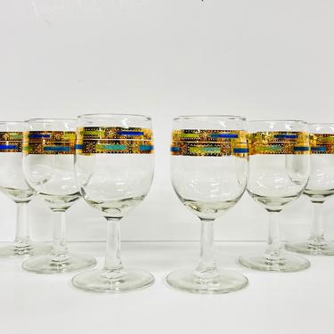 Vintage Culver Empress / Port Glasses / Set of 6 / Mid Century / Gold Blue Green / FREE SHIPPING 