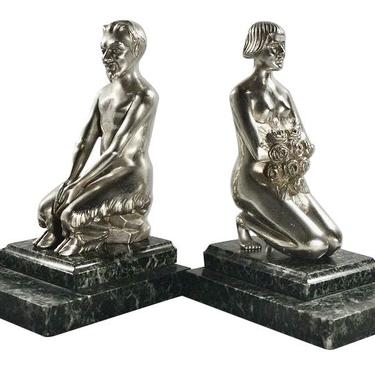 Art Deco Bronze Bookends Lady and Faun Signed H. Vandaele
