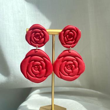 Como La Flor Rose Dangle Polymer Clay Statement Earrings (Lightweight) by ClayJewelsByJules