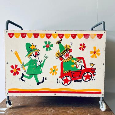 Vintage Circus Toy Box | Antique Toy Box | Clown Box | Kids Storage | Carnival | Casters | Red 