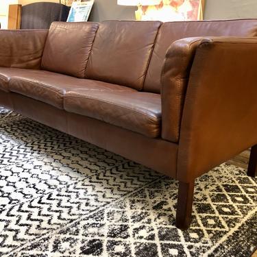 Danish Modern Brown Leather 3 Seater Sofa -1960&#8217;s
