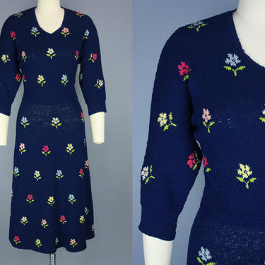 1940s FLORAL KNIT Dress | Vintage 40s 50s Dark Blue Wool Dress with Colorful Flowers | medium 