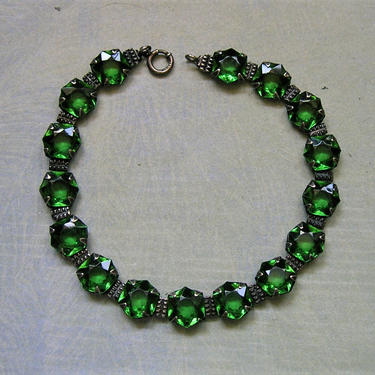 Antique Art Deco Sterling Green Glass Bracelet, Sterling Art Deco Glass Bracelet, Old Sterling Bracelet (#3855) 