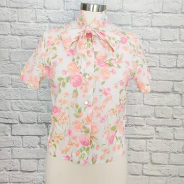 Vintage 60s Peach & Orange Bow Tie Blouse // Floral Pussy Bow Short Sleeved Button-Up 