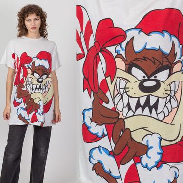 90s Christmas Tazmanian Devil T Shirt Dress - One Size | Vintage White Cartoon Graphic Oversize Sleep Shirt 
