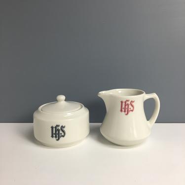 Syracuse China IHS monogrammed cream and sugar - 1960s restaurant ware 
