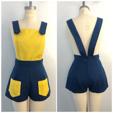 70s ROMPER overalls in navy and yellow shortfalls vintage 1970s 8 
