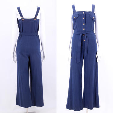 70s indigo bell bottom Jumpsuit overalls / vintage 1970s crinkle cotton blue jumpsuit flared bottoms pants sz M 