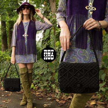 Lovely Vintage 70s Black Macrame Hippie Purse Handbag 