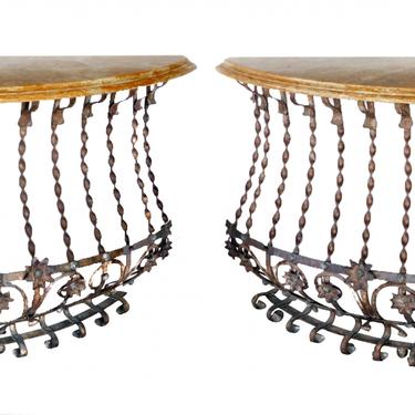 Pair of Italian Custom Forged-Iron Demilune Console Tables with Ochre Marble Tops