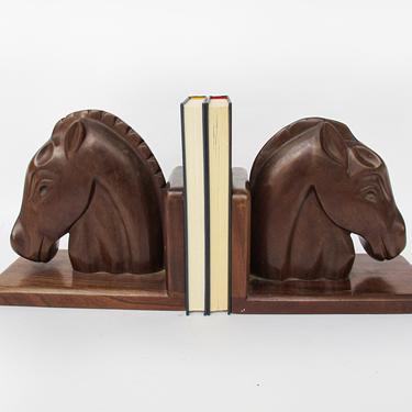 Set of Vintage Heavy Solid Wood Horse Bookends 