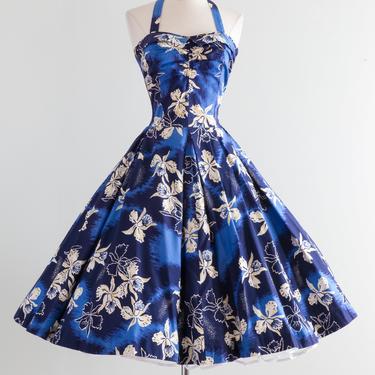 Brilliant Blue 1950's Cotton Hawaiian Dress by Kiilani With Full Skirt / Waist 28