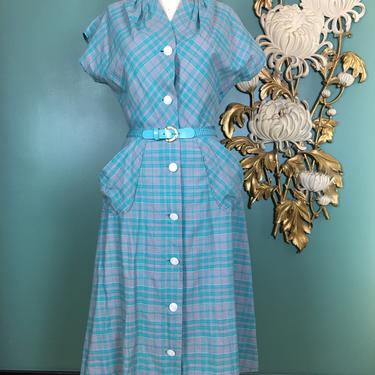 1940s day dress, vintage 40s dress, shirtwaist style, plaid cotton, turquoise and grey, size medium, button front, housewife, rockabilly, 29 